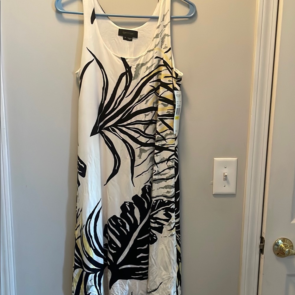 Karen Kane Black and Cream Tropical Print Midi Dress